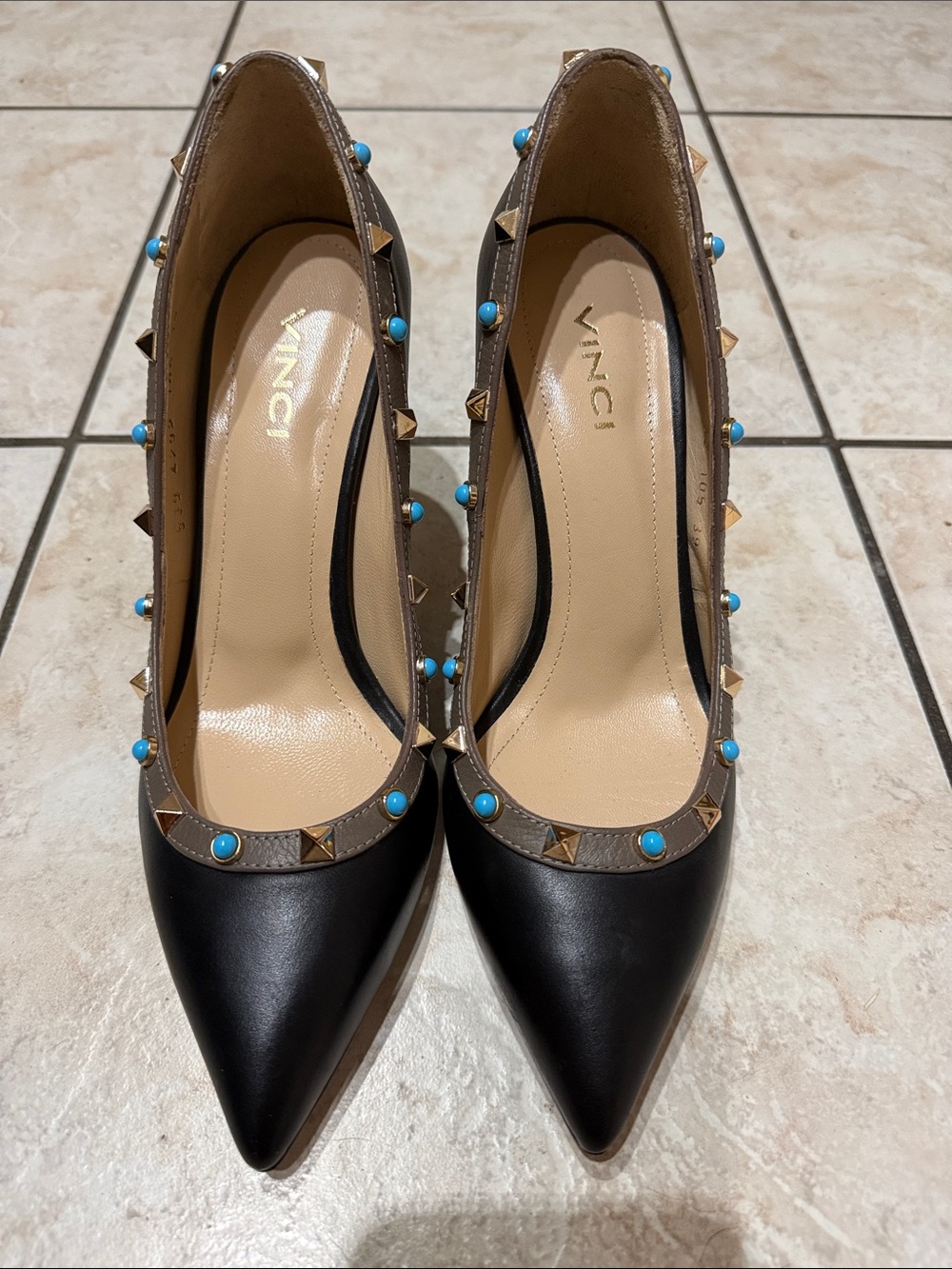 Vinci Black Leather Pointed Toe Pumps with Turquoise Gold Studs